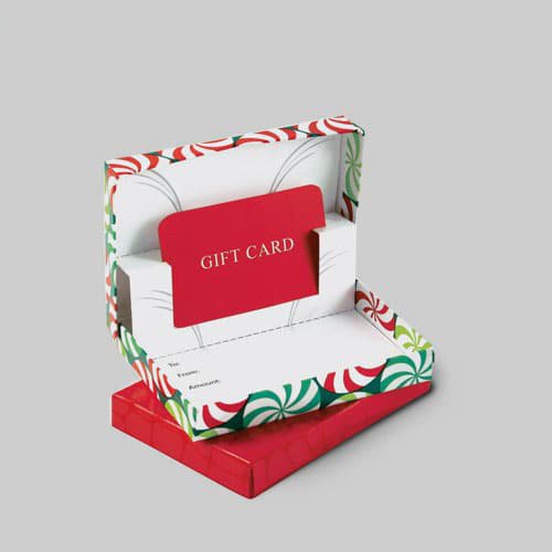 Festive custom gift card box with red and green holiday design