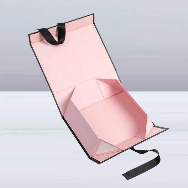 Luxury pink foldable magnetic gift box with black ribbon closure