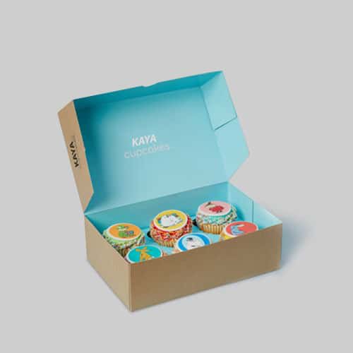 Custom cupcake box with blue interior and branded design for Kaya Cupcakes