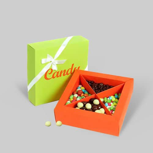 Colorful custom candy box with ribbon and divided sections