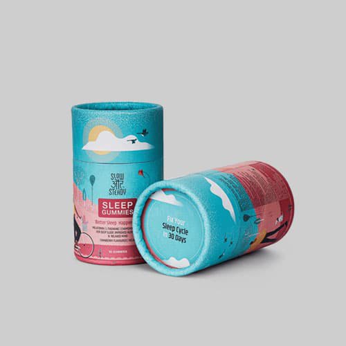 Custom cylindrical box for sleep gummies with colorful sky and nature design