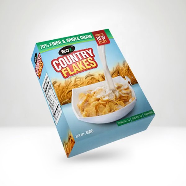 Custom cereal box with a fresh, wholesome design featuring golden flakes and milk