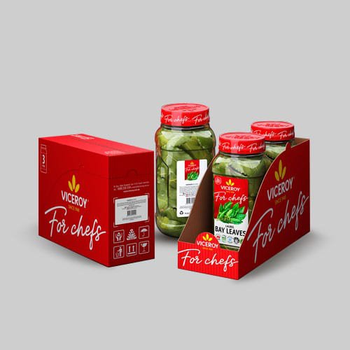 Custom red packaging for Viceroy bay leaves jars with display and shipping box