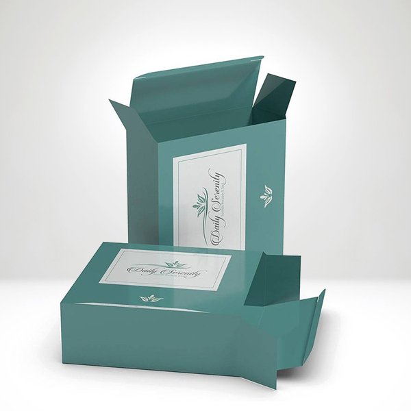 Elegant teal custom packaging with a sleek, minimalist design