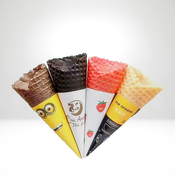 Custom-printed ice cream cone sleeves in various designs and colors