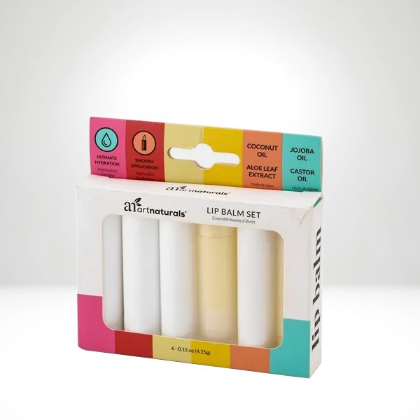 Vibrant lip balm set packaging with a clear window, highlighting natural ingredients like coconut, jojoba, and aloe